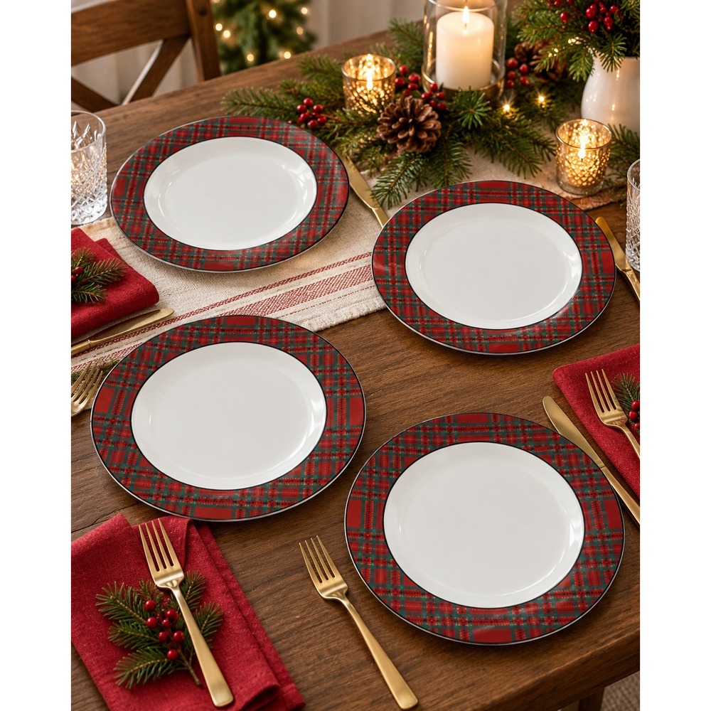 Vtg 90s Bombay Salad Plates Red Tartan Plaid Christmas Holiday Set of 4